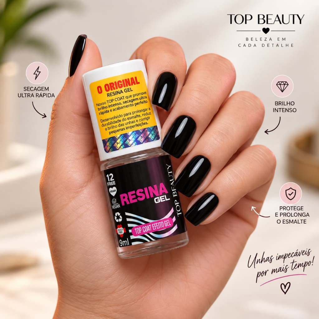 Top Coat Resina Gel Extra Brilho Top Beauty | Lançamento