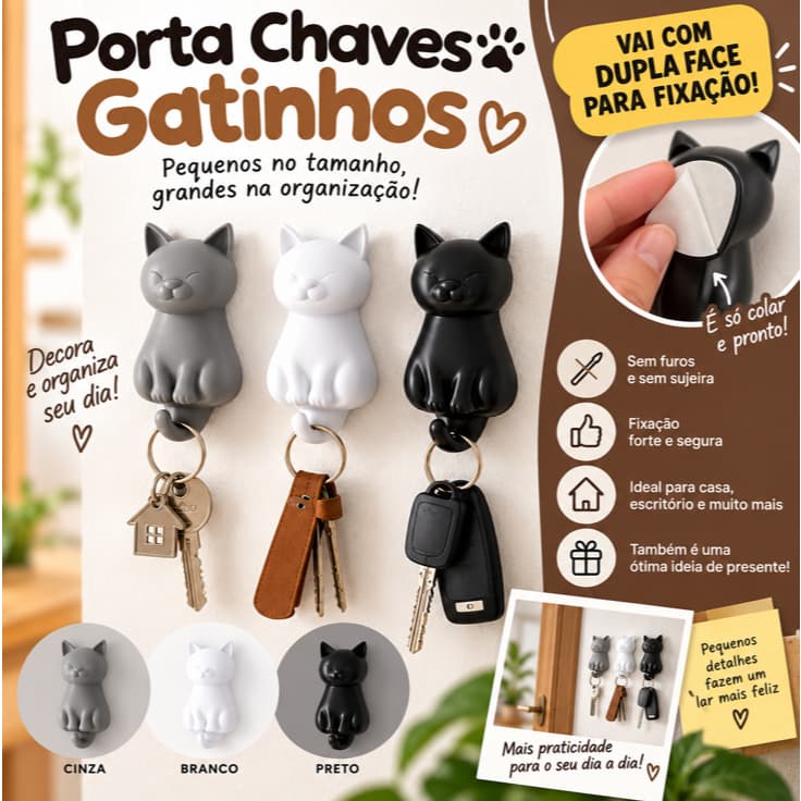 Kit Porta Chaves - Gatinho | Minimalista | Estiloso | - 3 unids.