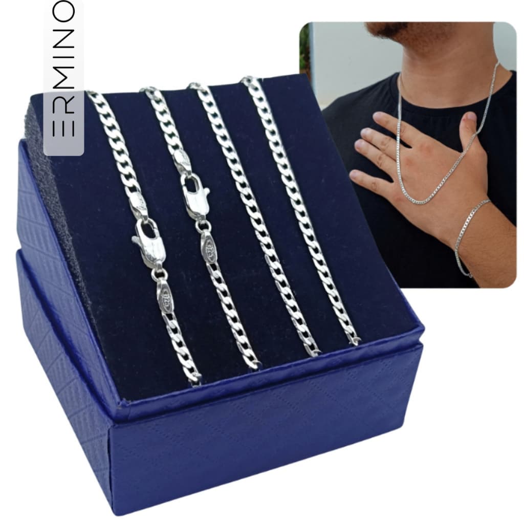 Kit Pulseira 21cm Fígaro Corrente 70cm Prata 925 Legítima Laminada Elo Escamado 3x1 Masculina 5mm