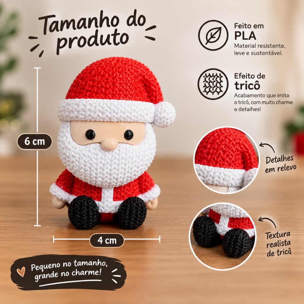 Papai Noel Decorativo em 3D 6cm Efeito Tricô Enfeite Natalino