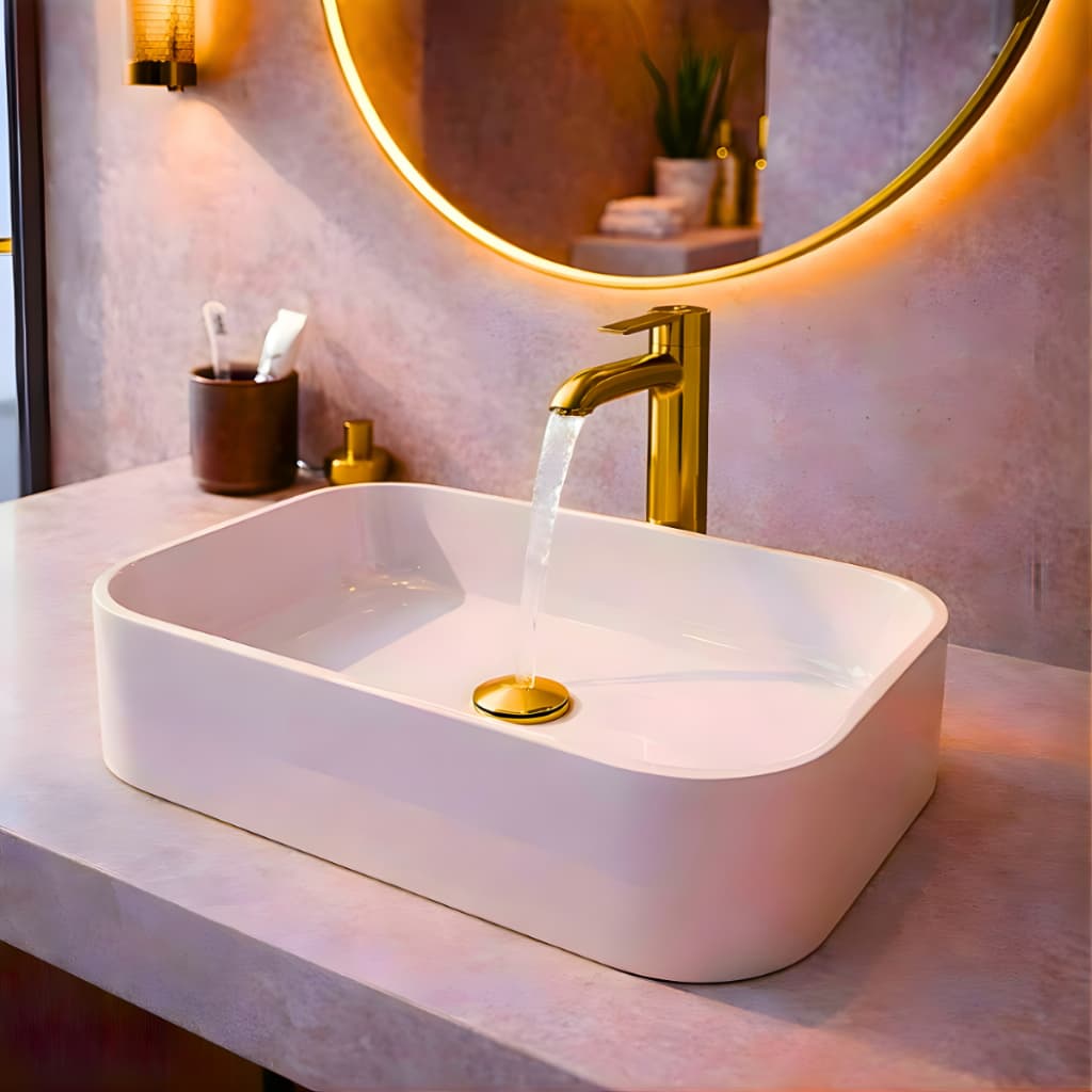 *PROMOÇÃO* Pia Para Banheiro Cuba de Apoio Lavabo Mármore Sintético 37cm Retangular Branca Moderna