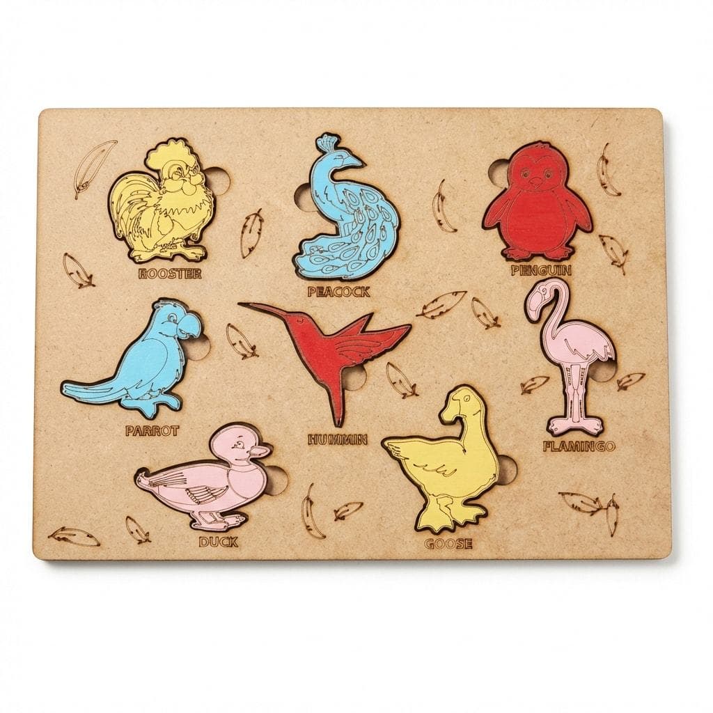 Brinquedo Quebra Cabeça Educativo Aves De MDF Coloridas Infantil De Encaixe Didático