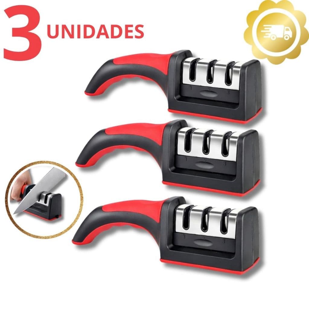Amolador de Facas Manual 3 Peças Afiador Cozinha Base Antiderrapante Rápido