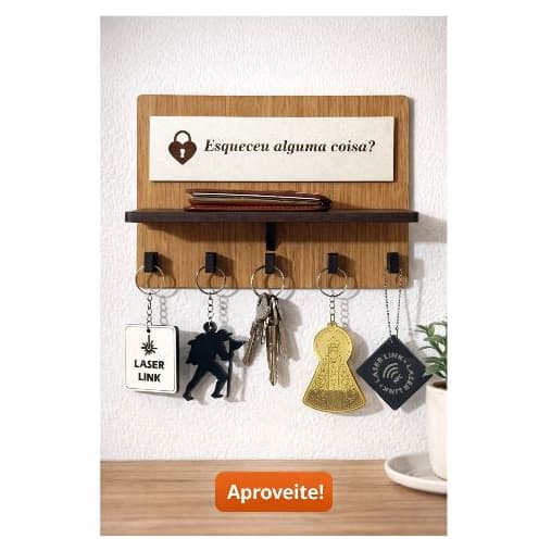Porta Chaves Decorativo Para Parede  Em MDF com Prateleira e 05 Ganchos