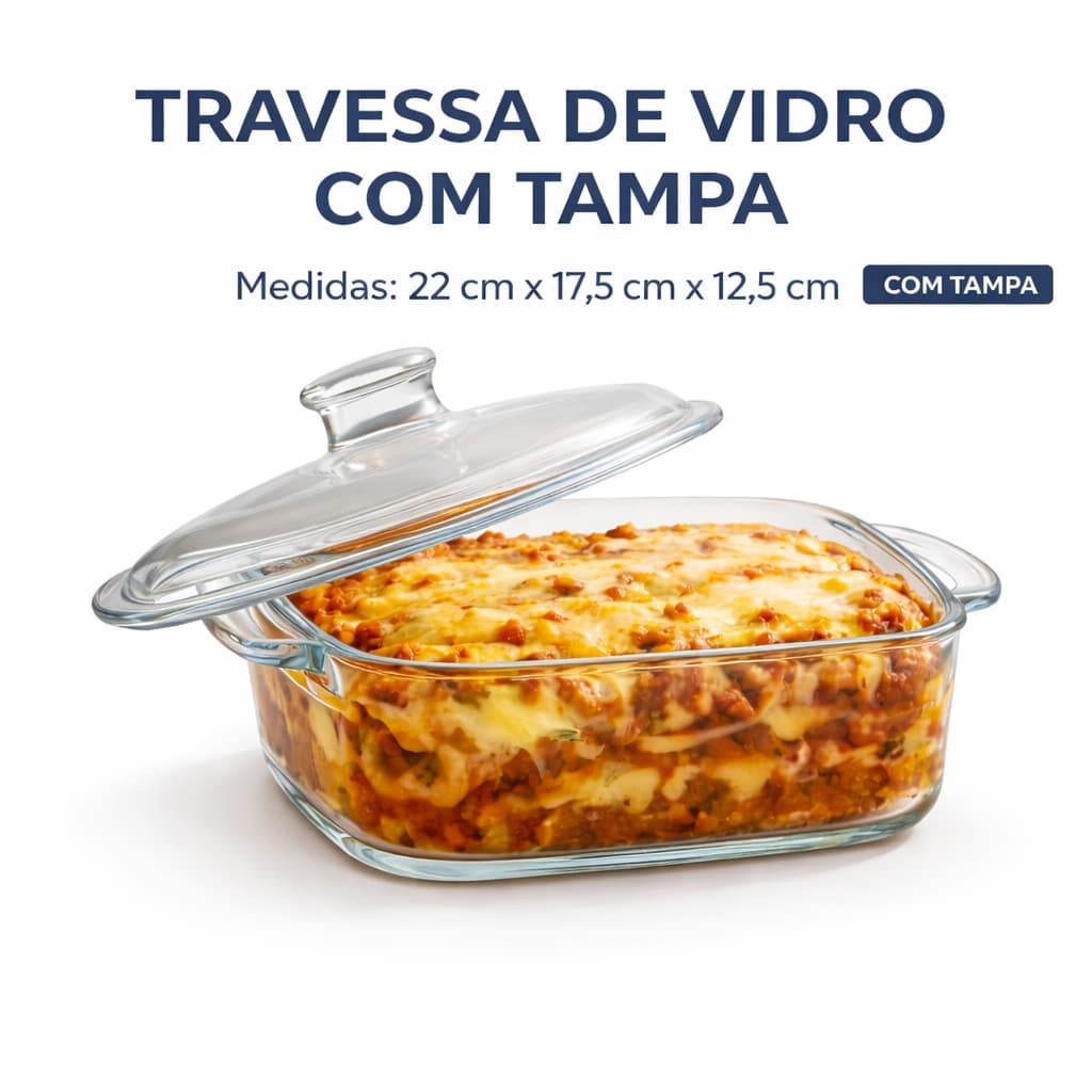 Travessa Refratário Vidro  Com Tampa 1,5L |850ML Armazenar Servir Alça Retangular