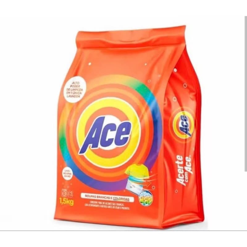 Sabão em Pó Ace 1,5kg Lava Roupas Brancas e Coloridas Alto Poder de Limpeza