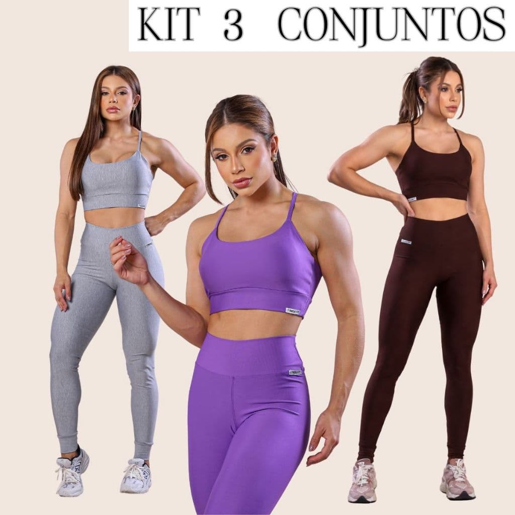 Kit 3 Conjuntos Fitness Femininos Academia Suplex Zero Transparência Cintura Alta