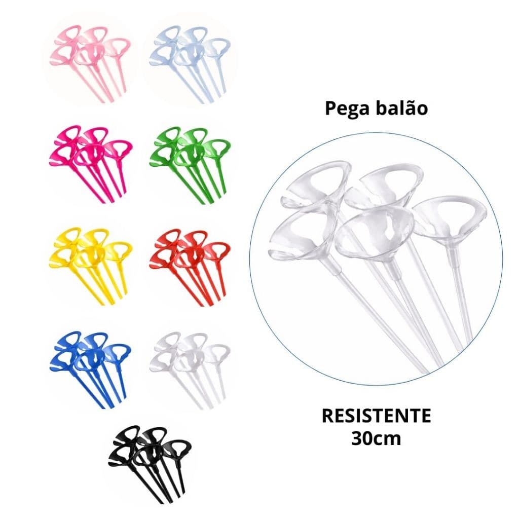 Suporte para Balão Bexiga 30cm Haste Pega Balão Cores Diversas para Decoração 10 unidades