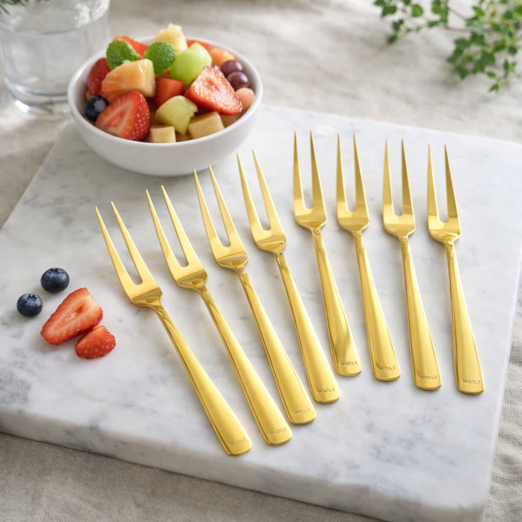 Garfo de Petiscos Inox Dourado Conjunto para Frutas Frios Petiscos Wolff Mesa Posta