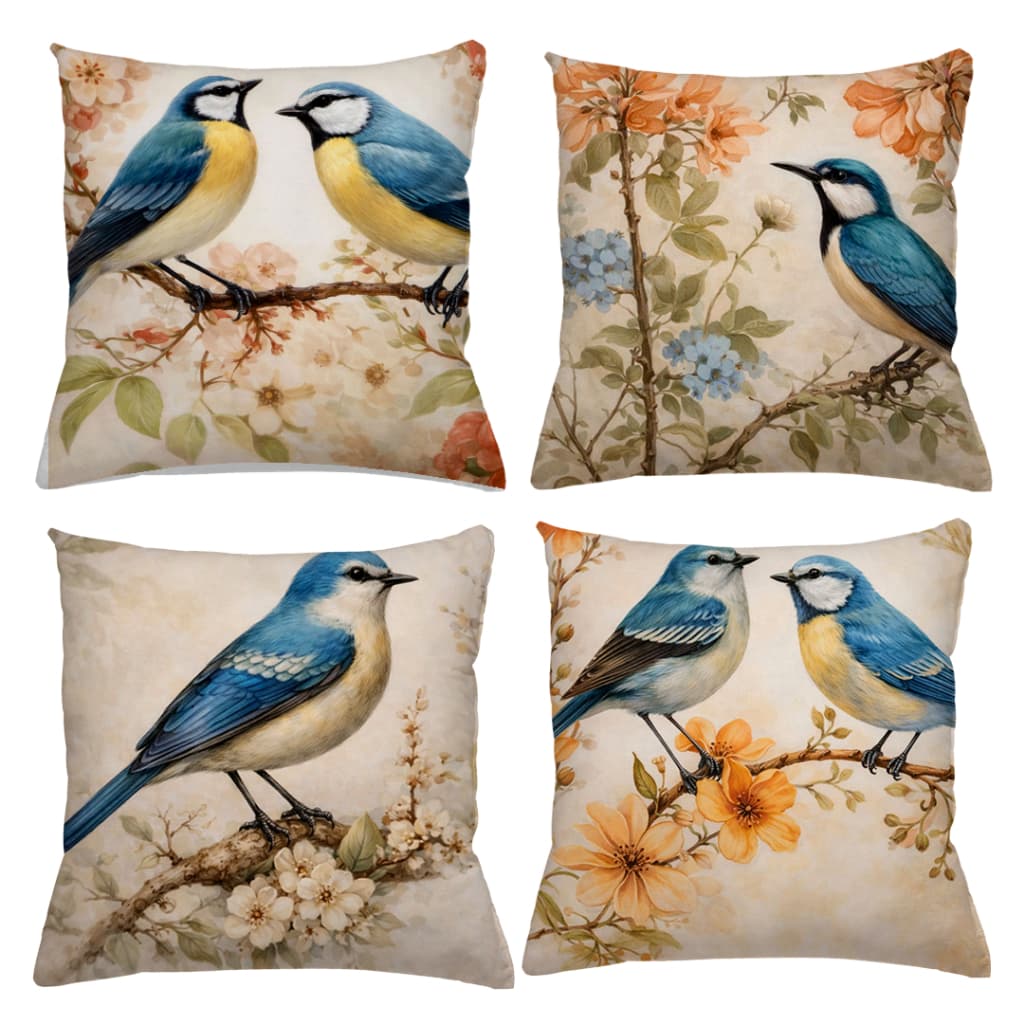 KIT 4 CAPAS DE ALMOFADAS DECORATIVAS PASSAROS JARDIM BEIJA FLOR TAMANHO 45X45