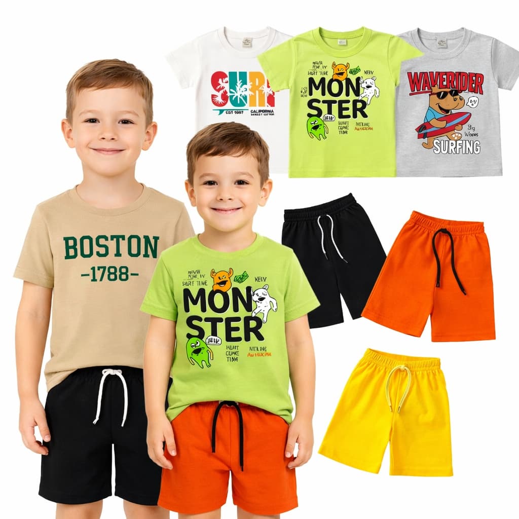Kit 8 Peças Conjunto Infantil Masculino Camisa e Bermuda 1 a 3 Anos Roupa Menino