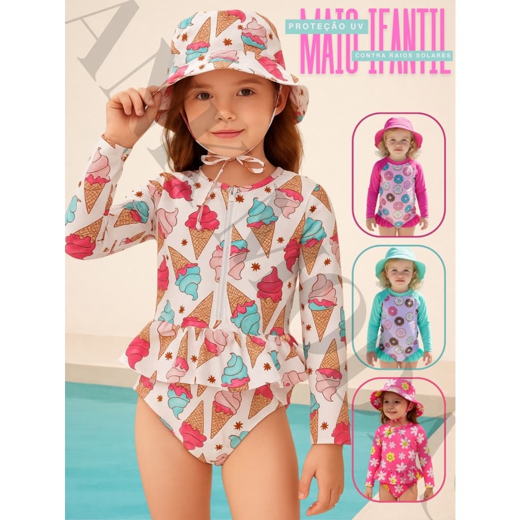 Maiô Infantil com Chapéu UV 50+ Ideal Praia Piscina e Verão Menina