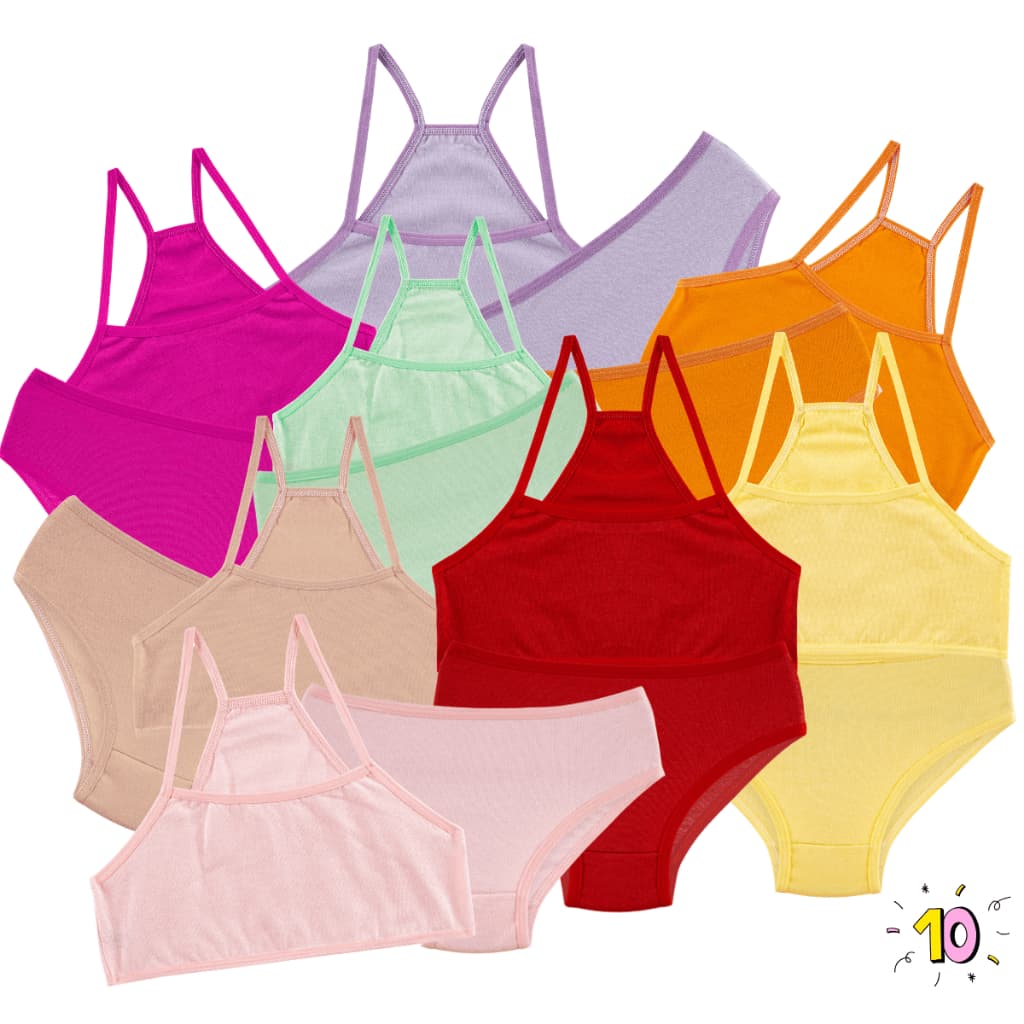 KIT 5 Conjuntos Infantis Liso Top Nadador e Calcinha Menina Moça Antialérgico 100% Algodão