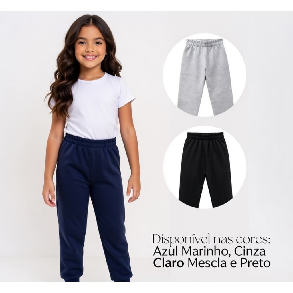 Kit com 3 Calças Jogger Infantil Menina de Moletom | Preto, Cinza Mescla Azul Marinho Volta ás Aulas