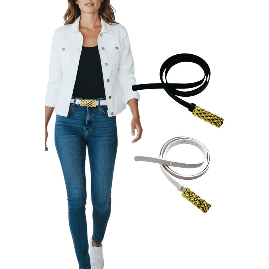 Kit2 Cinto Feminino Elegante Fivela Dourado Brilhante Fino Couro Sintético Reforçado Resistente - Angélica