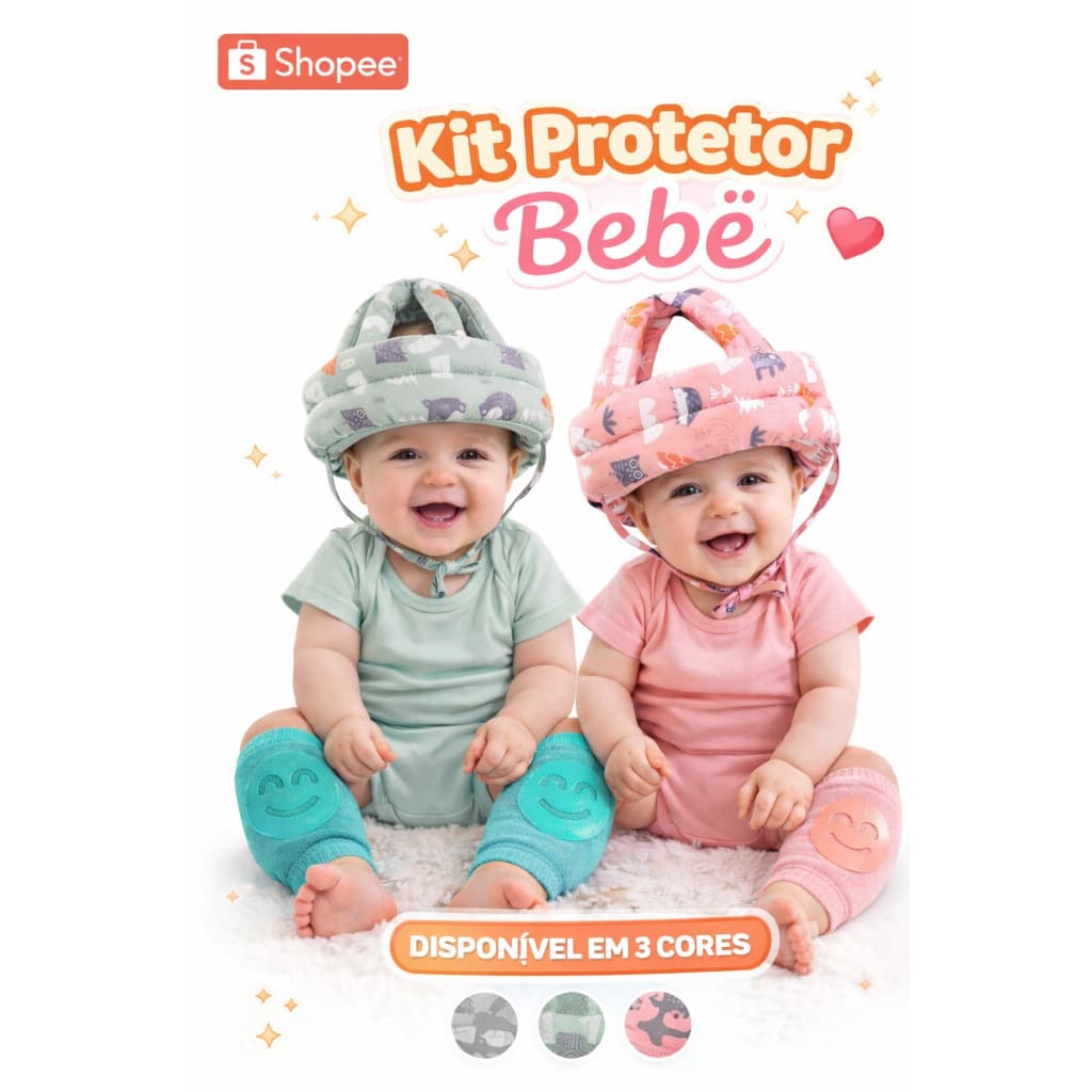 Kit Segurança Bebê  Joelheira + Capacete, Proteção Para Engatinhar e Andar
