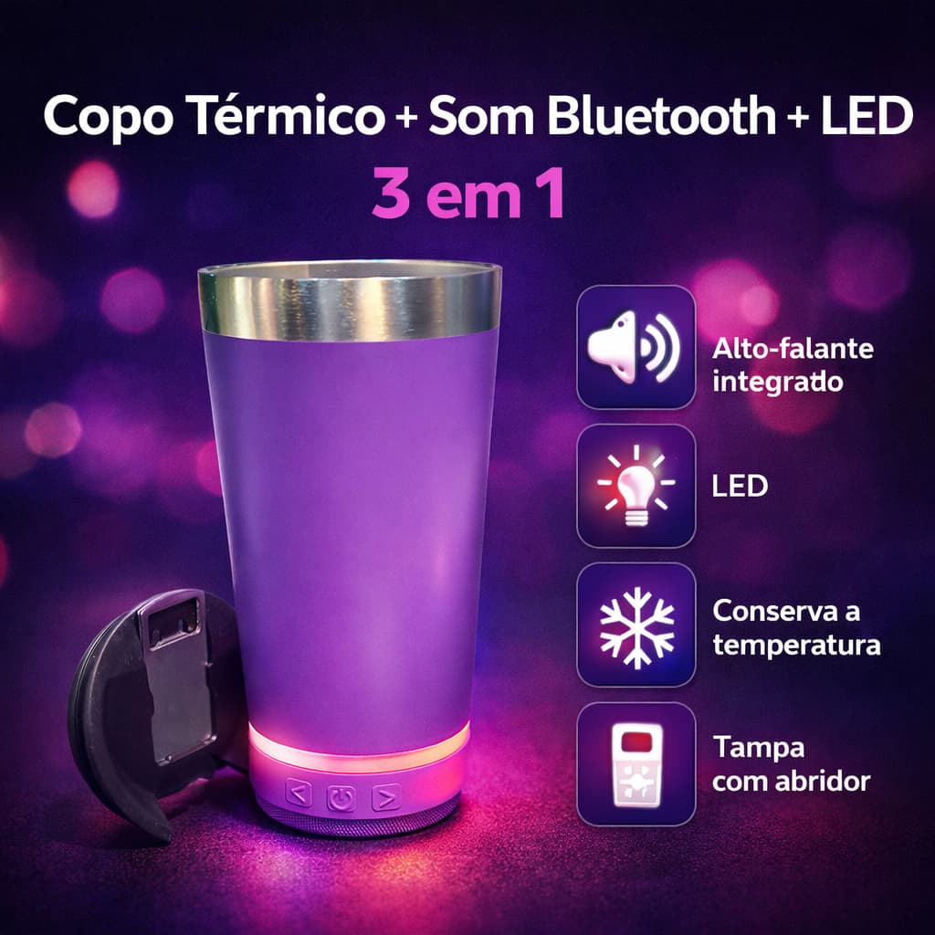 Copo Térmico Bluetooth 420ml com Som LED e Abridor na Tampa Inox Lilás