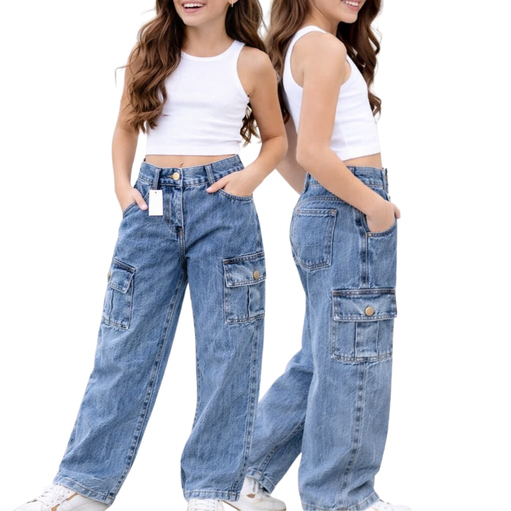 Calça Jeans Cargo Mármorizado Juvenil Feminina Wide Leg com Bolsos Laterais Moda Blogueirinha Calça Cargo Girls
