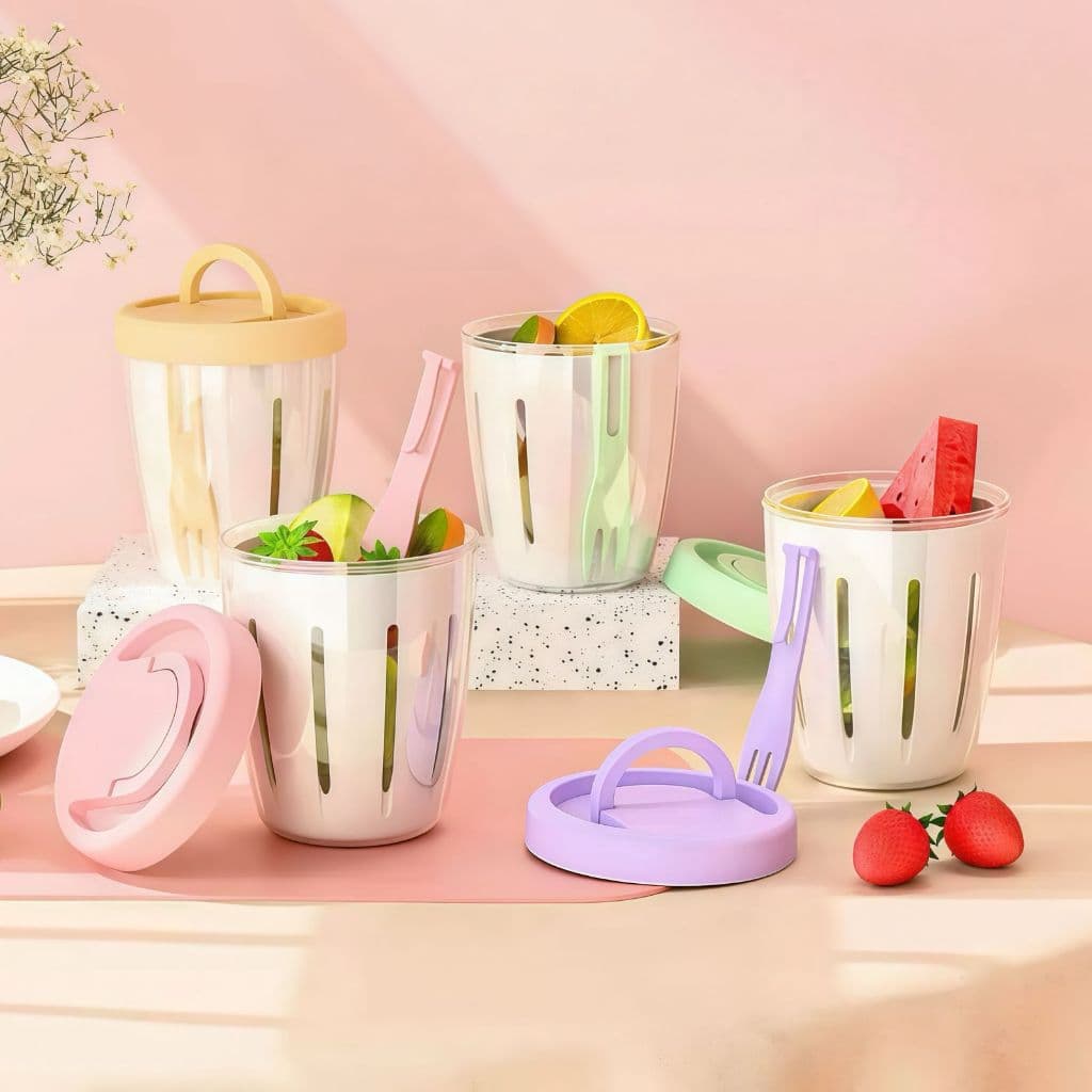 Pote para Salada e Frutas com Tampa e Talher Duplo Camadas com Dreno para Academia e Escola