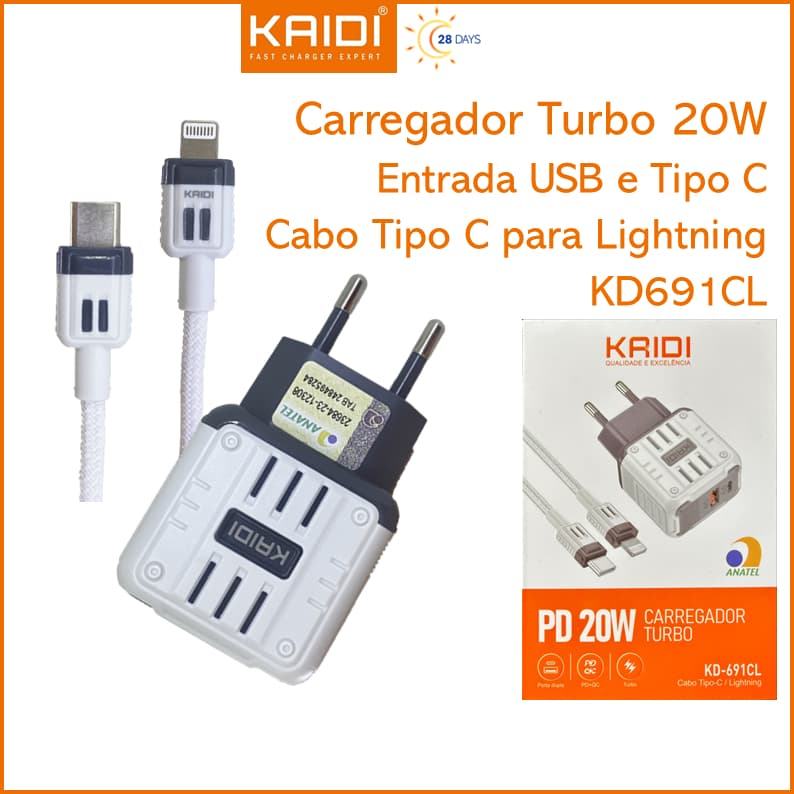 Carregador de Tomada Fonte Turbo 20W Tipo-C e USB com cabo Tipo C para IOS Lightnig KAIDI KD-691CL