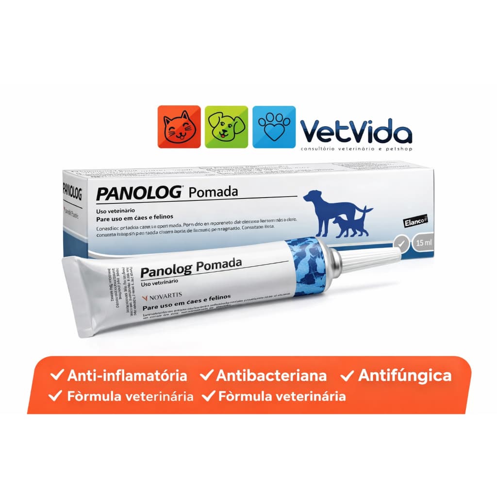 Panalog Pomada Veterinária 15g Original | Antibiótico Antifúngico | Infecções de Pele e Ouvido | Gatos e Cachorros.