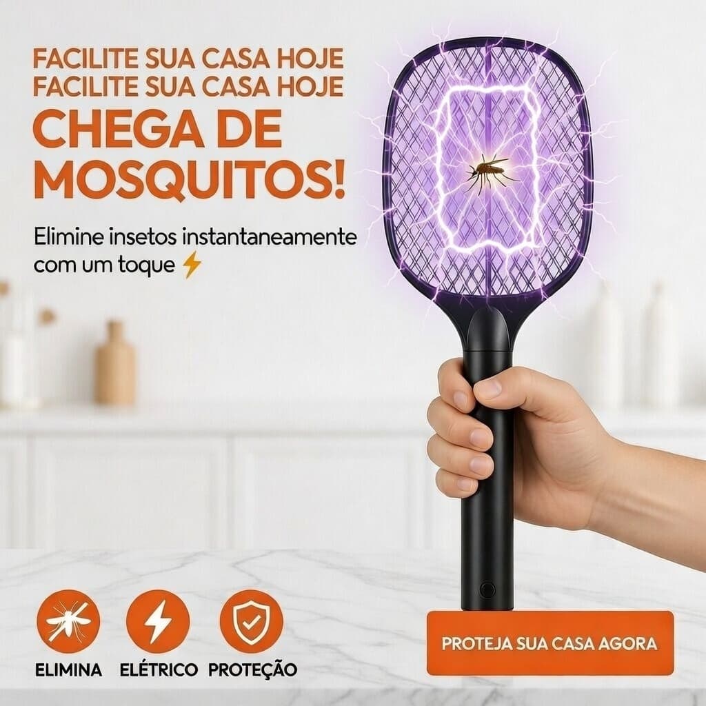 Raquete Elétrica Mata Mosquito Recarregável Bivolt Mata Insetos Pernilongo Dengue Com LED