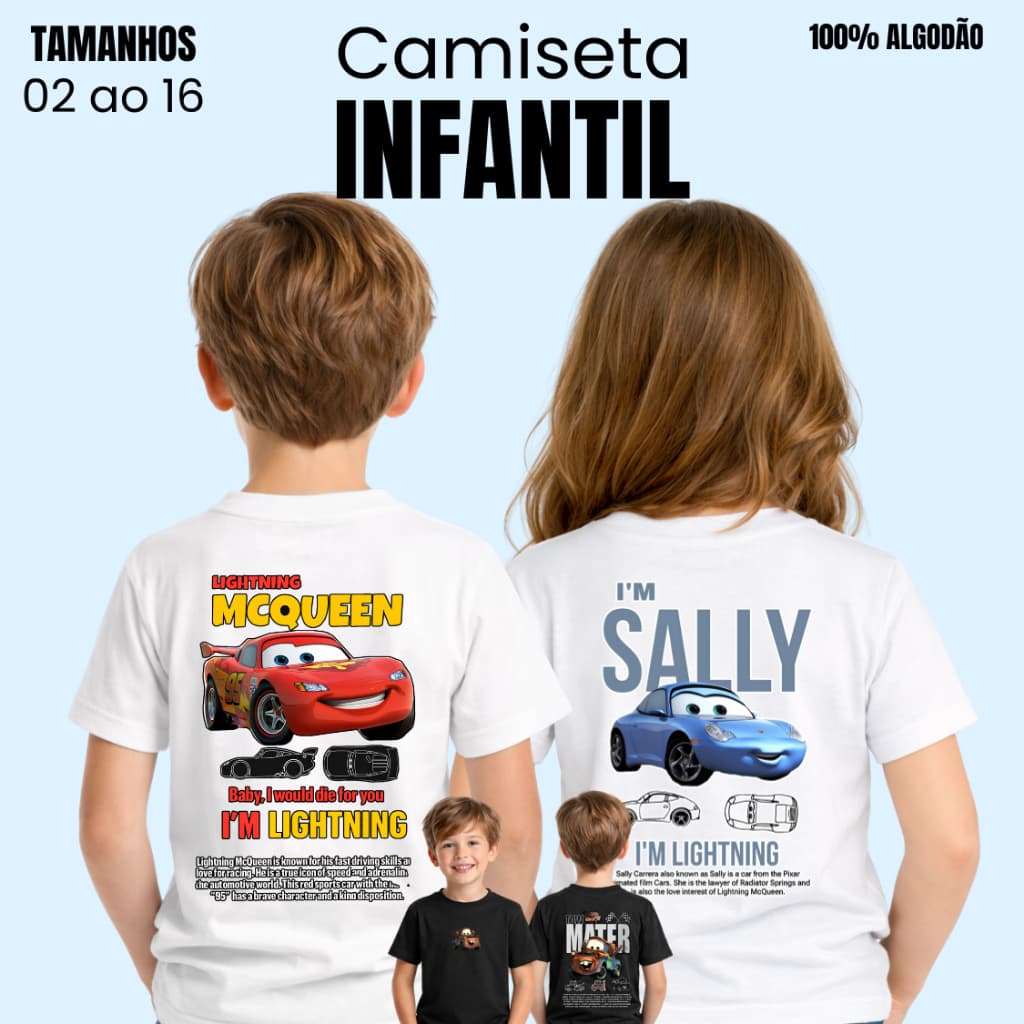 Camiseta INFANTIL Carros Menino e Menina - 100% Algodão
