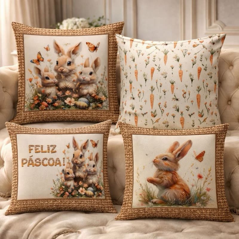 Capa de Almofada Páscoa 45x45 Decorativa Coelhinho Feliz Páscoa