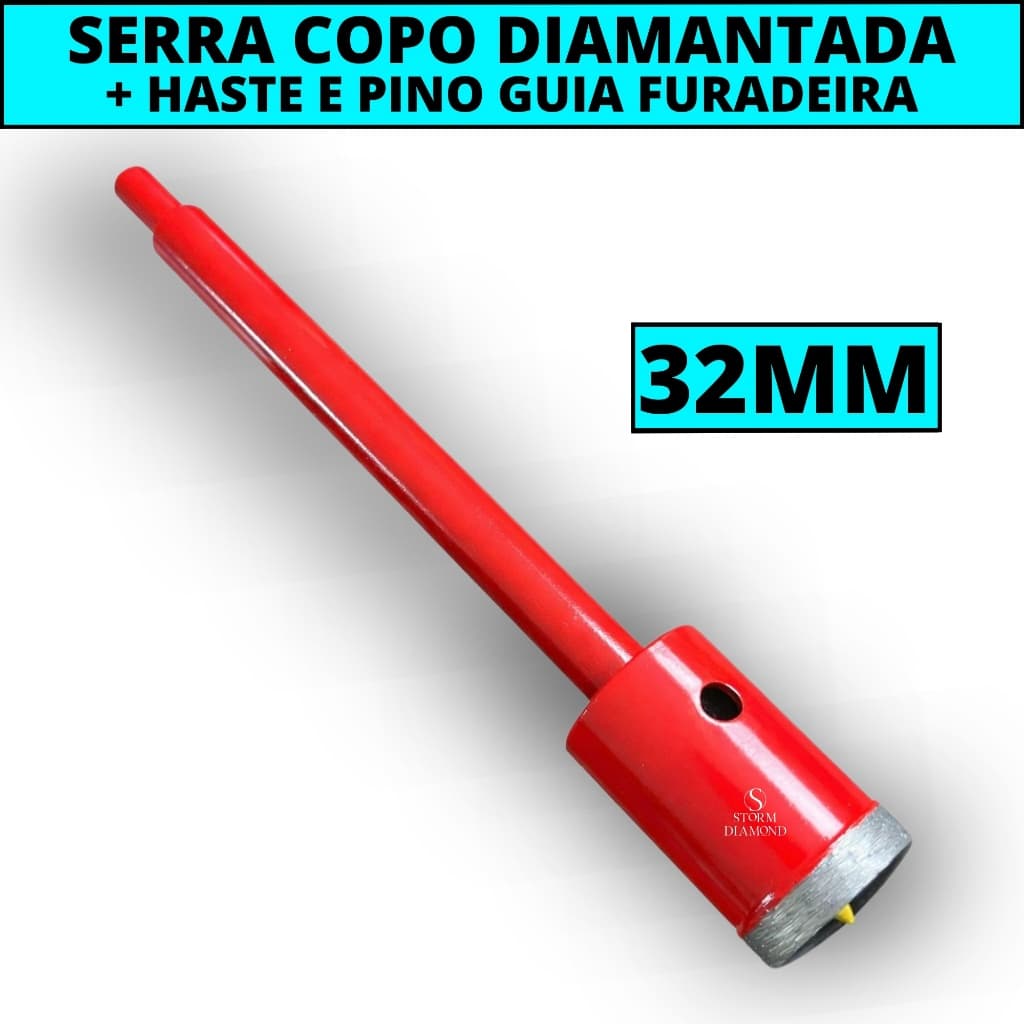 Serra Copo Broca Diamantada 32mm + Haste Comum Ou Sds Martelete Furar Parede Tijolo Bloco Concreto