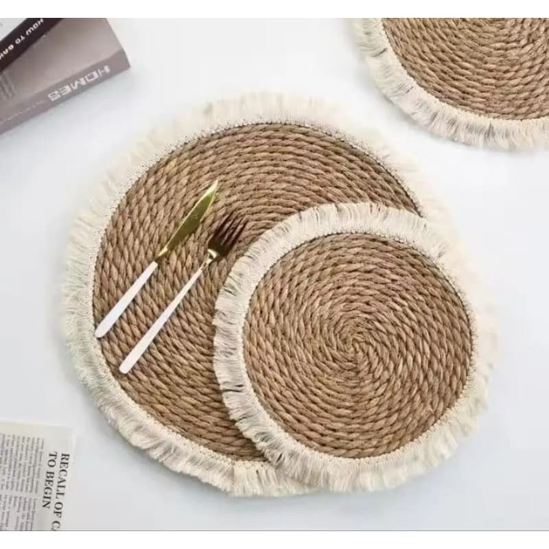 Kit Com 2Pcs Jogo Americano Palha Natural Com Franja 30cm