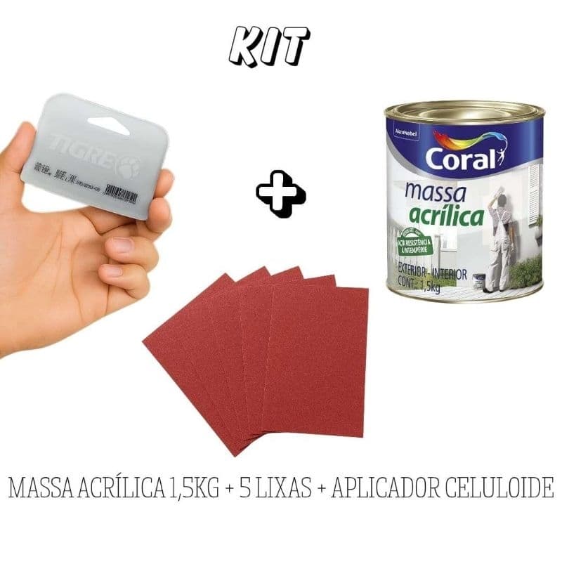 Kit Massa Acrílica ou Corrida PVA 1,5kg Coral, Aplicador Celuloide e 5 folhas de Lixa para Massa/Parede 150
