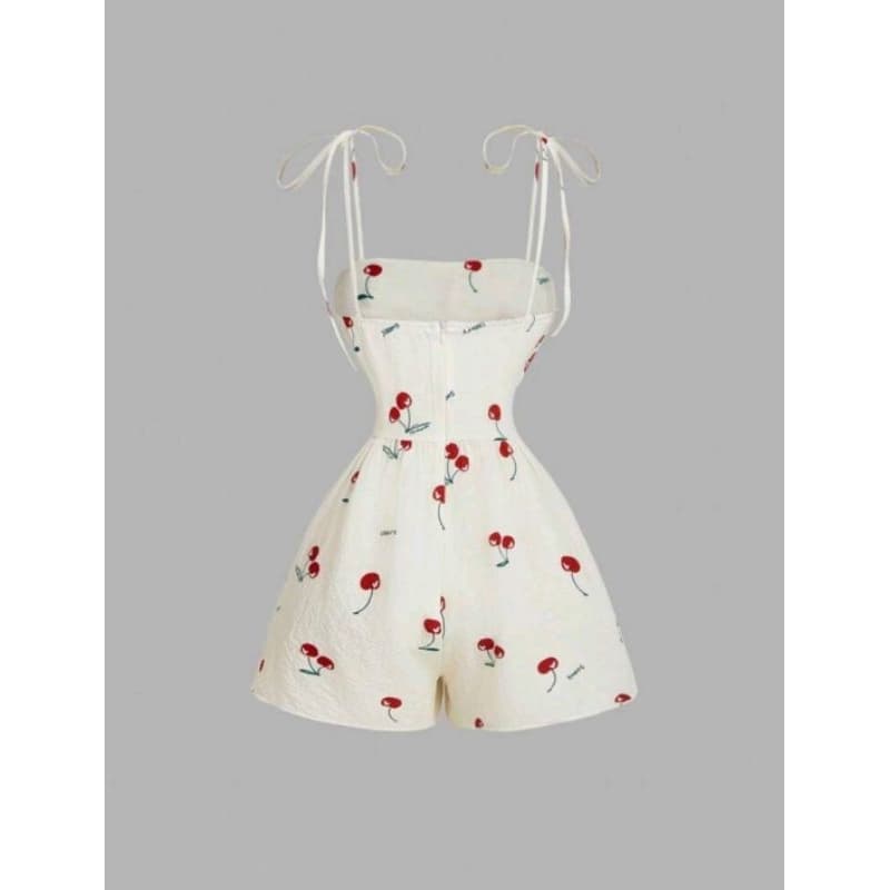 Macaquinho Estampa de Cereja Cherry Curto com Short Moda Coquette Estilo Camponesa Look Verão Romântico Vintage Feminina