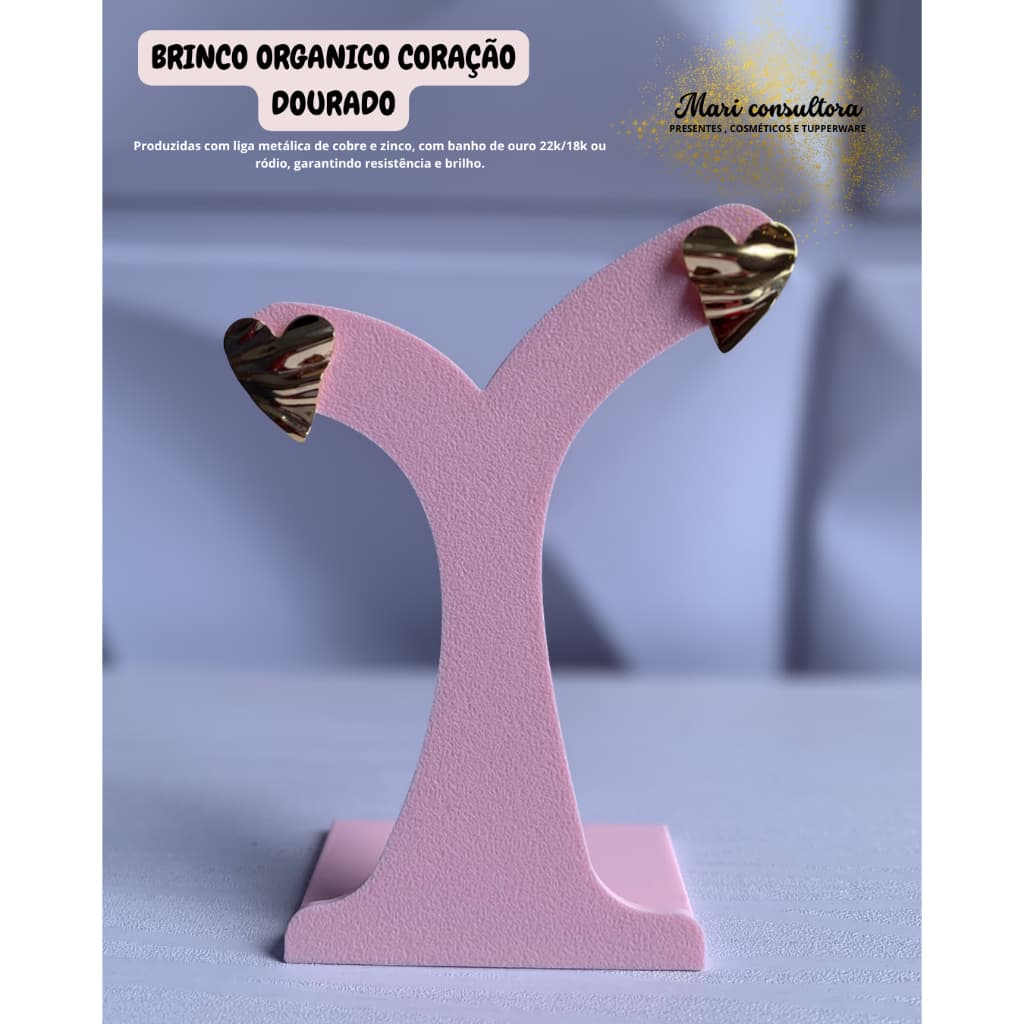 Brinco Coração Dourado Orgânico Feminino | Banhado a Ouro 18k | Brinco Pequeno Elegante | Joia Delicada Moda Feminina