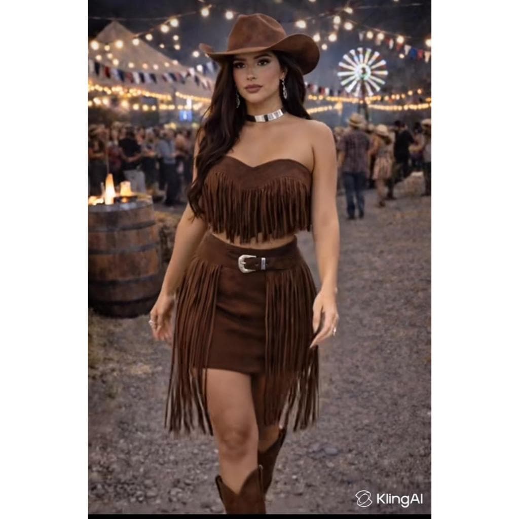 Conjunto Feminino Saia mais Cropped Country Franja Moda Rodeio
