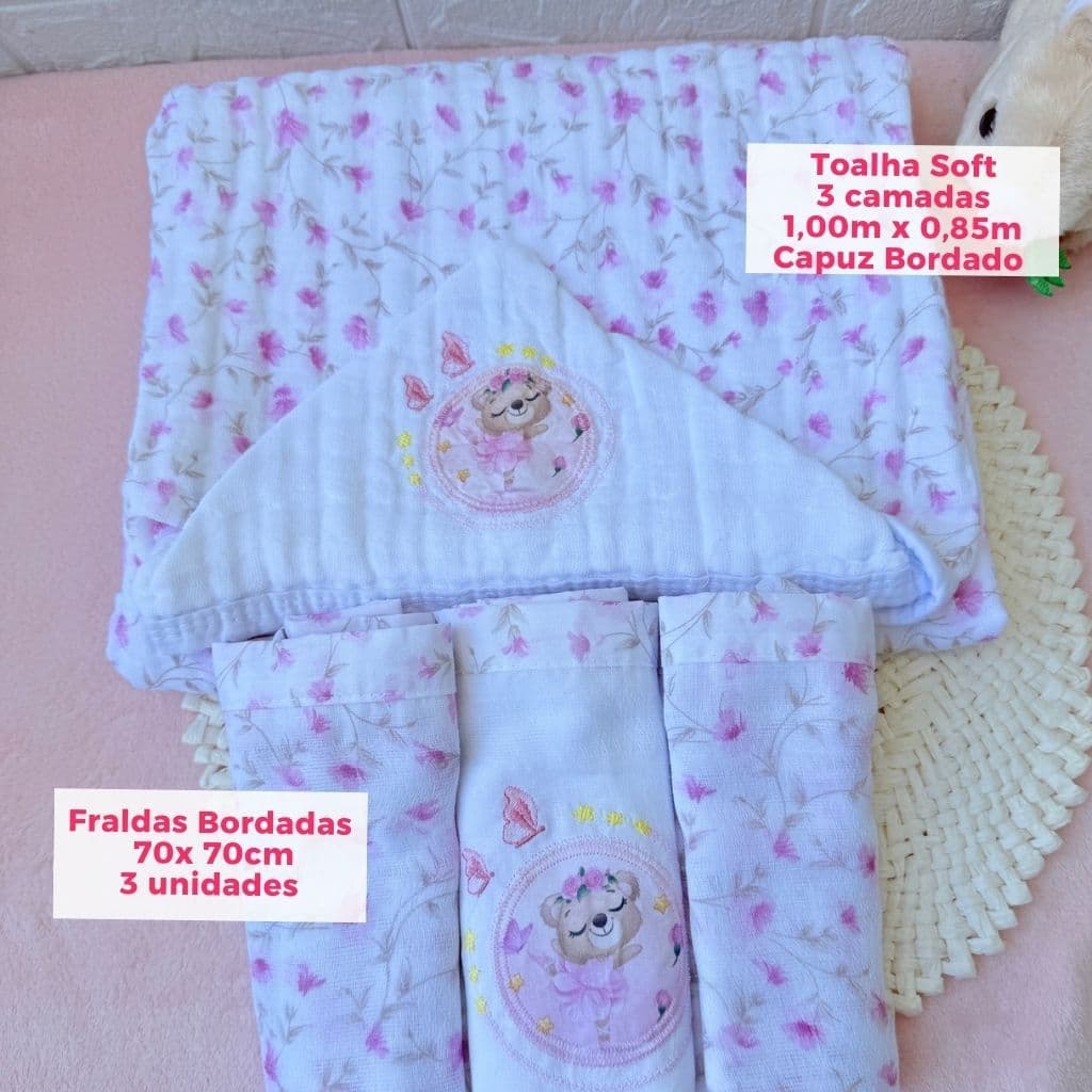 Toalha de banho bebê grande fralda soft 3 camadas 1,00x0,85m +3 fraldas bordadas 70x70 premium