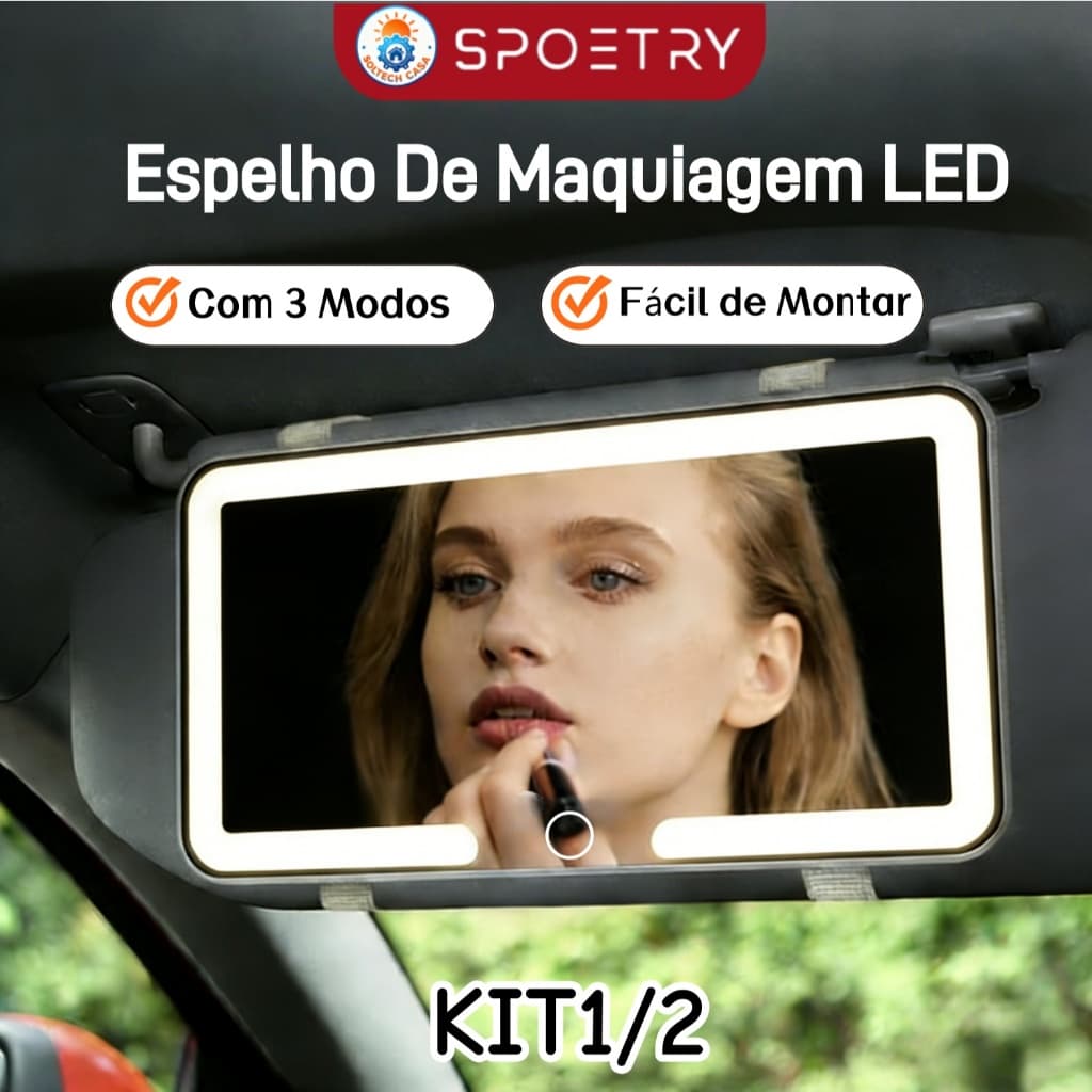 Espelho De Maquiagem LED Para Carro Com 3 Modos Recarregável Touch Luz Viseira Solar