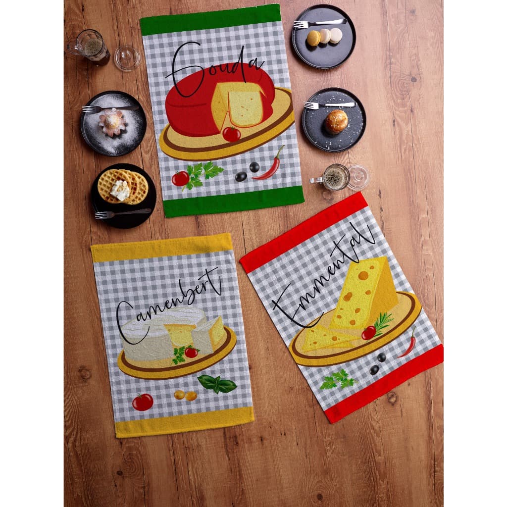 Kit com 3 Panos de Copa Felpudo Atoalhado Teka Fiori Estampa Queijos
