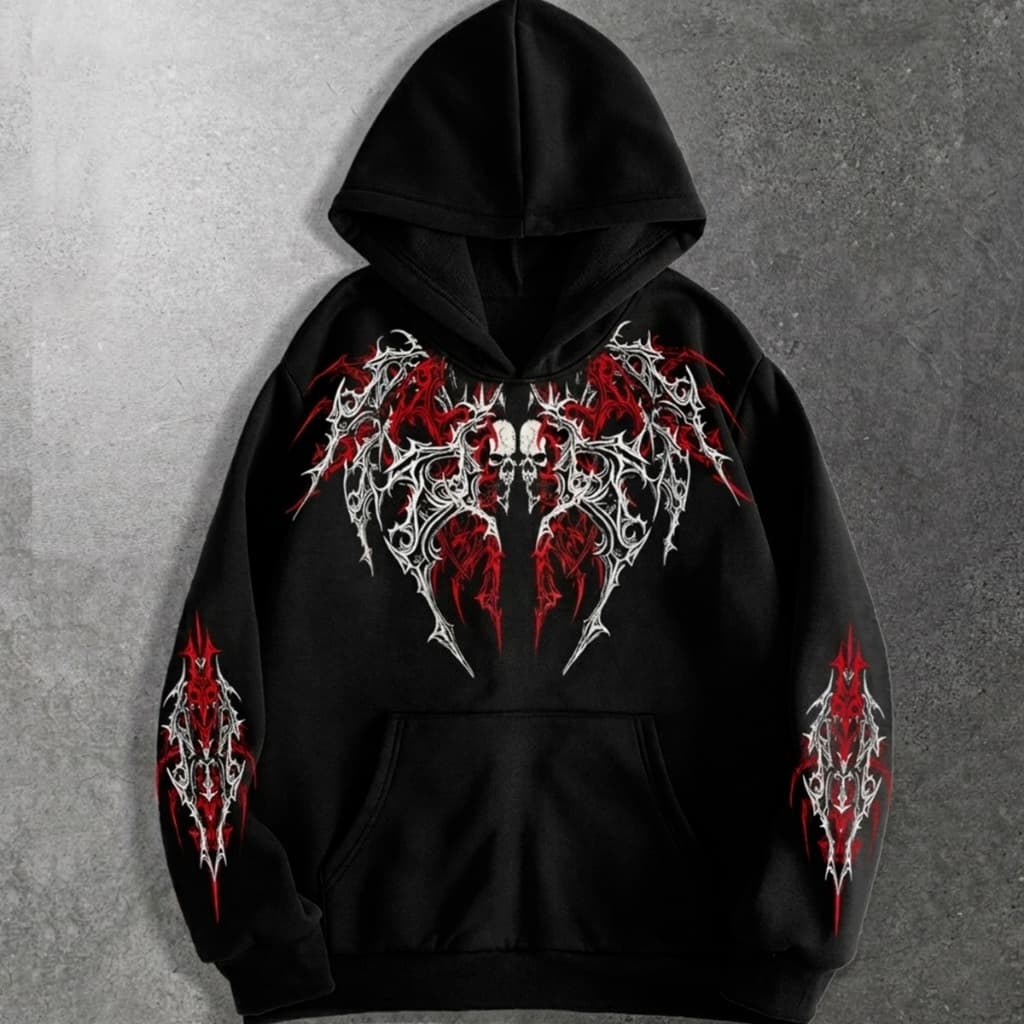 Blusa de Frio Moletom Darkwear Tribal Estilo Gótico Urbano Casaco com Capuz Flanelado