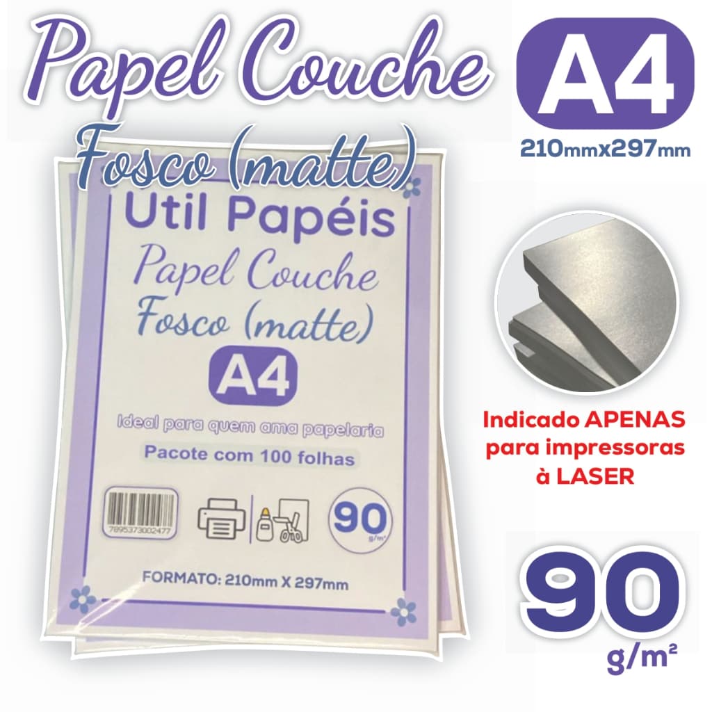 Papel Couche Fosco 90g A4 - Pacote com 50 folhas Acabamento Matte Folha Branca 210x297mm P/ Laser