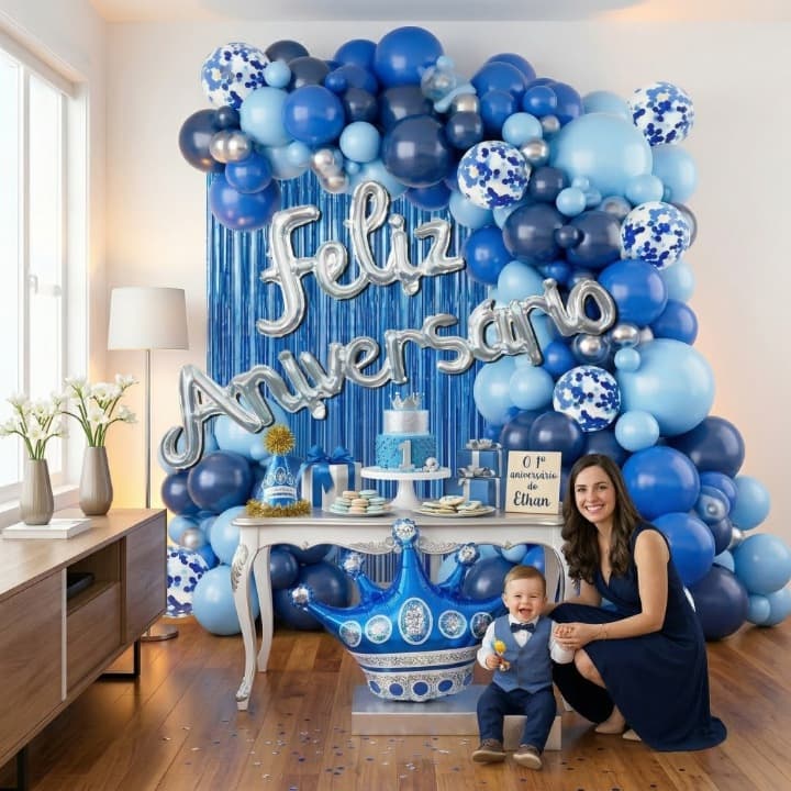 Kit Decoração Festa Aniversário Balões Azul Com Coroa E Cortina Metalizada 57 Pcs MM-QQ4 Prata