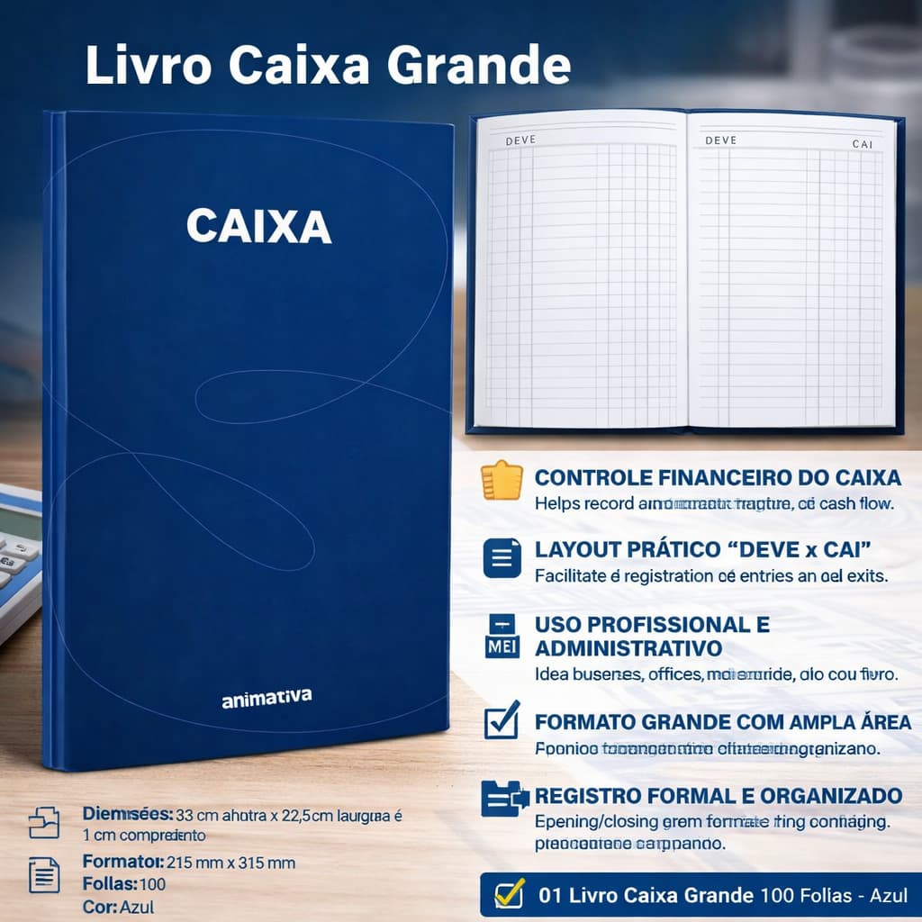 Livro Movimento de Caixa Grande com 100 folhas Azul  215mmx315mm