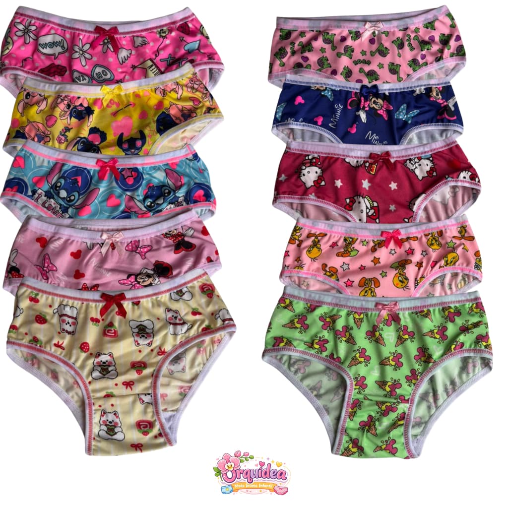 KIT 10 Calcinhas Infantil Estampadas Super Confortáveis Algodão Macio Para Meninas