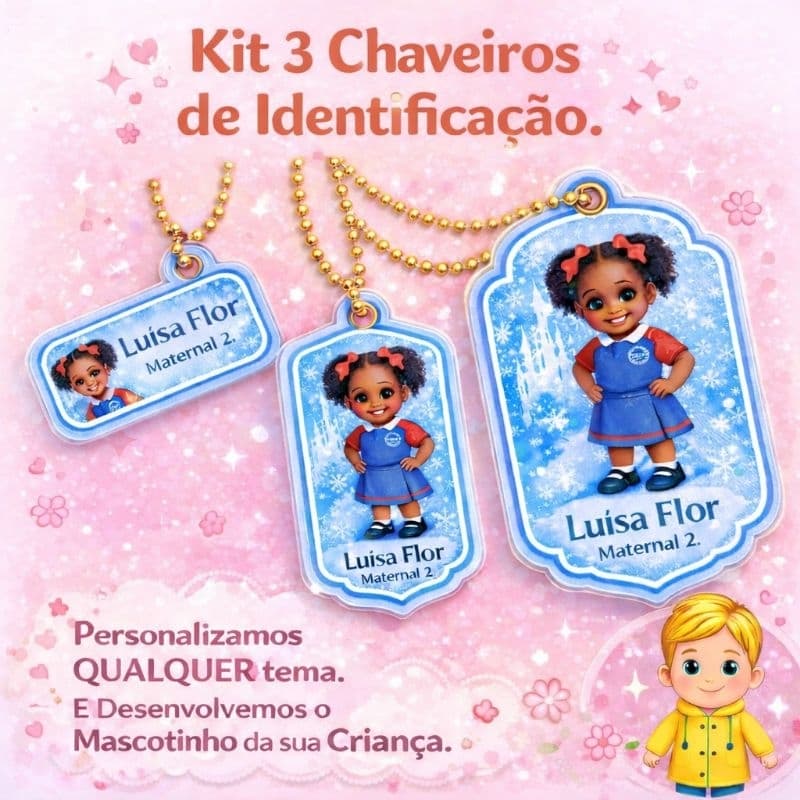 Kit 3 Chaveiros de Identificação Escolar Personalizados | Mochila Lancheira Estojo | Nome da Criança | Tema Infantil