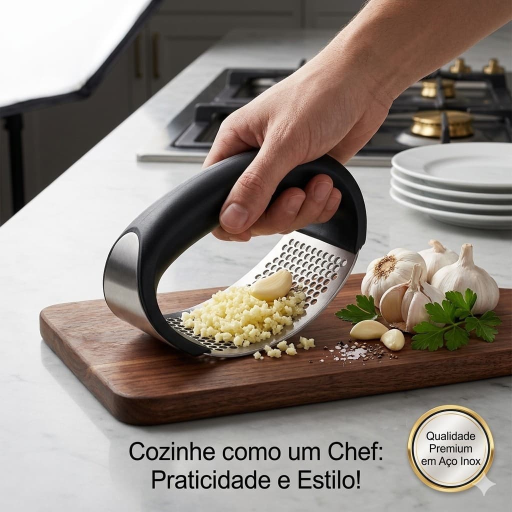 Espremedor Amassador de Alho Inox Profissional Manual Gourmet Tipo Gangorra Ergonômico