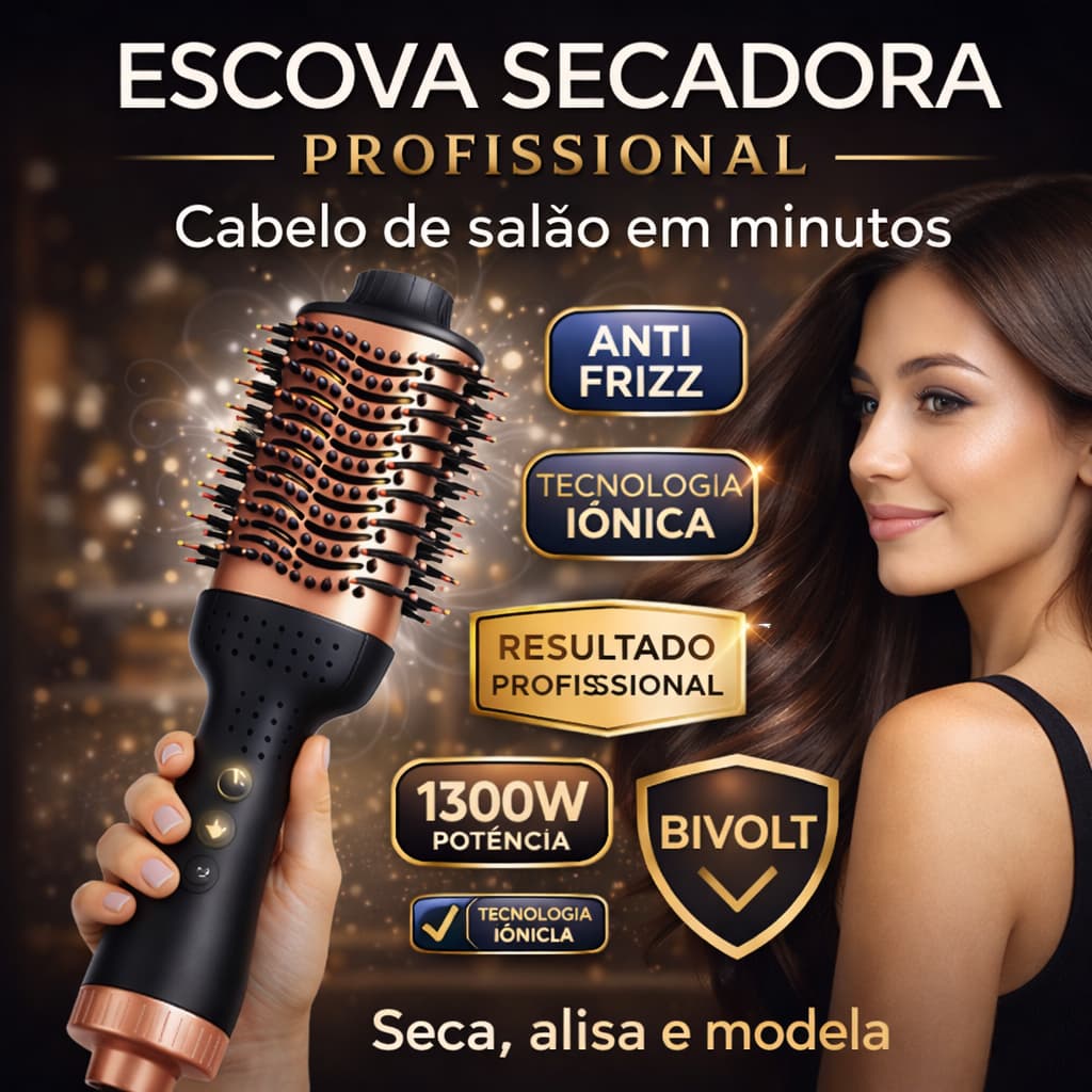 Escova Secadora Profissional 1300W Bivolt 5 em 1 AntiFrizz Brilho Intenso Venus + Brind