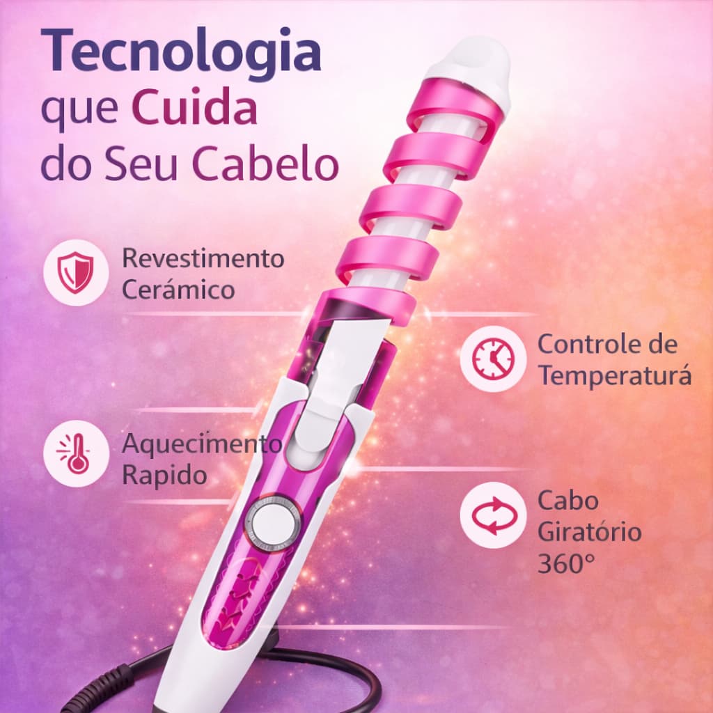 Modelador de Cachos Espiral Profissional Bivolt Cacheador Cerâmica Anti Frizz Ondas Perfeitas