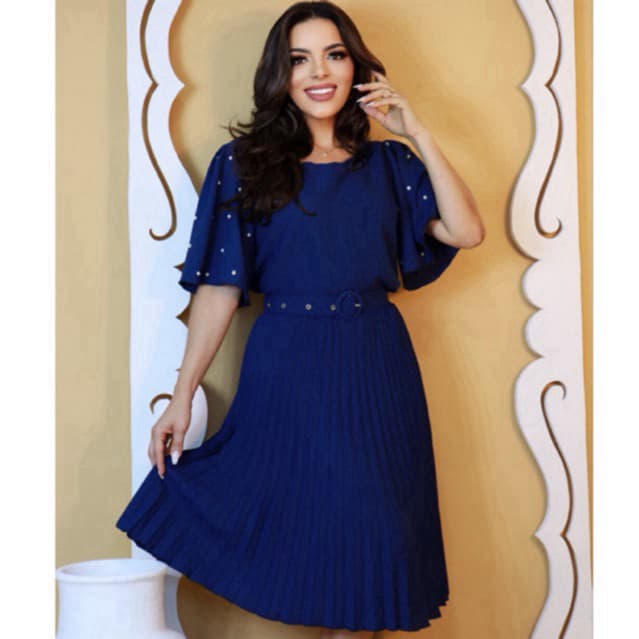 Vestido Midi Plissado Alfaiataria com Pérolas nas Mangas Elegante Social Festa Moda Evangélica