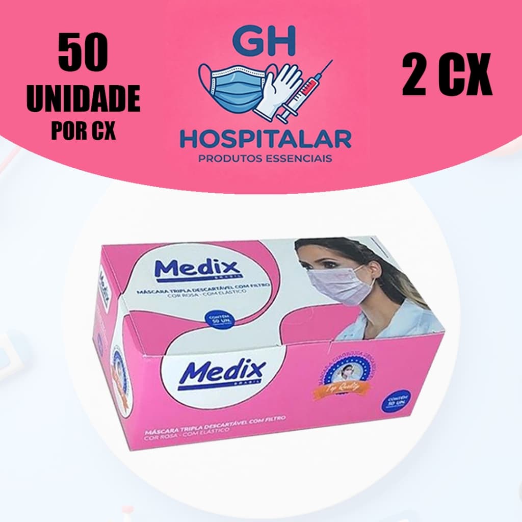 KIT COM 2CX Máscara Descartável Tripla Camada C/elástico Caixa C/50 Pçs Rosa