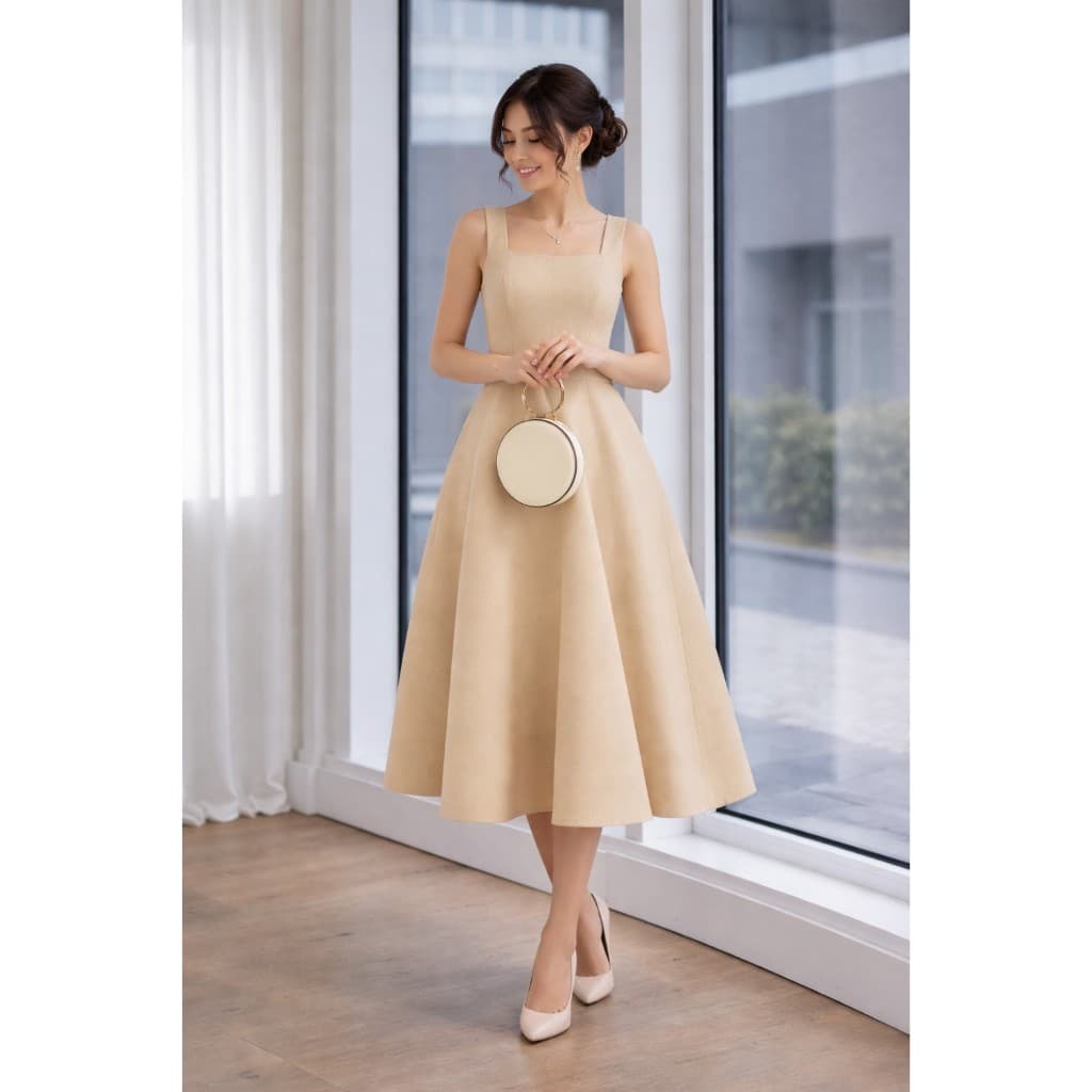 Vestido Midi Elegante com Decote Quadrado e Cintura Marcada
