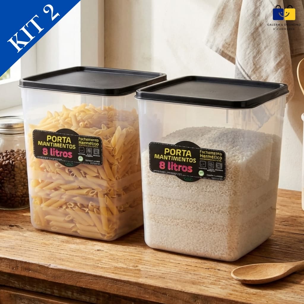 Kit 2 Potes Herméticos 5kg Arroz Capacidade 8,0L Tampa Preta Empilháveis Retangular Tampa Trava